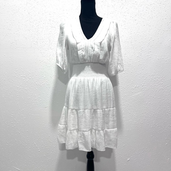 White Puff Sleeve V-Neck Mini Dress Medium - Picture 9 of 15